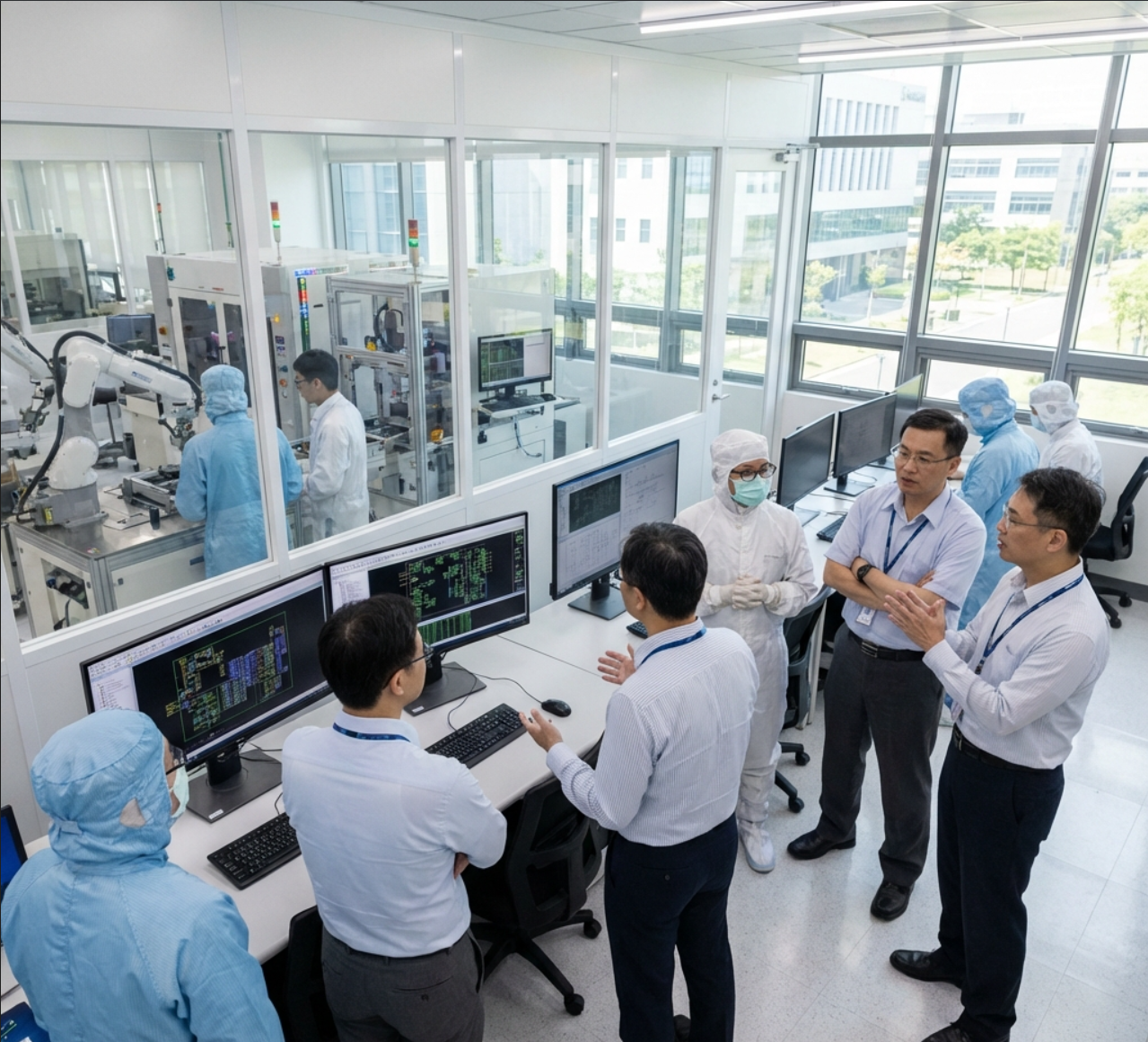 Professional engineers working in high-tech manufacturing facility in Taiwan